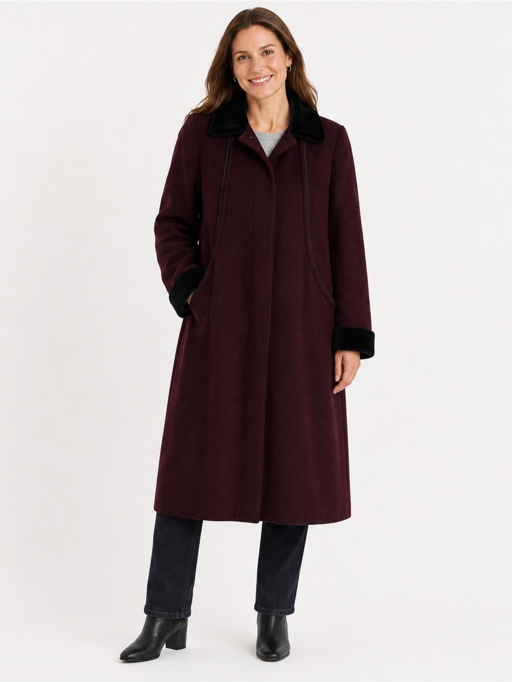 Forstmann Wool Chesterfield Coat Petite Burgundy Velvet Collar Vintage 90s